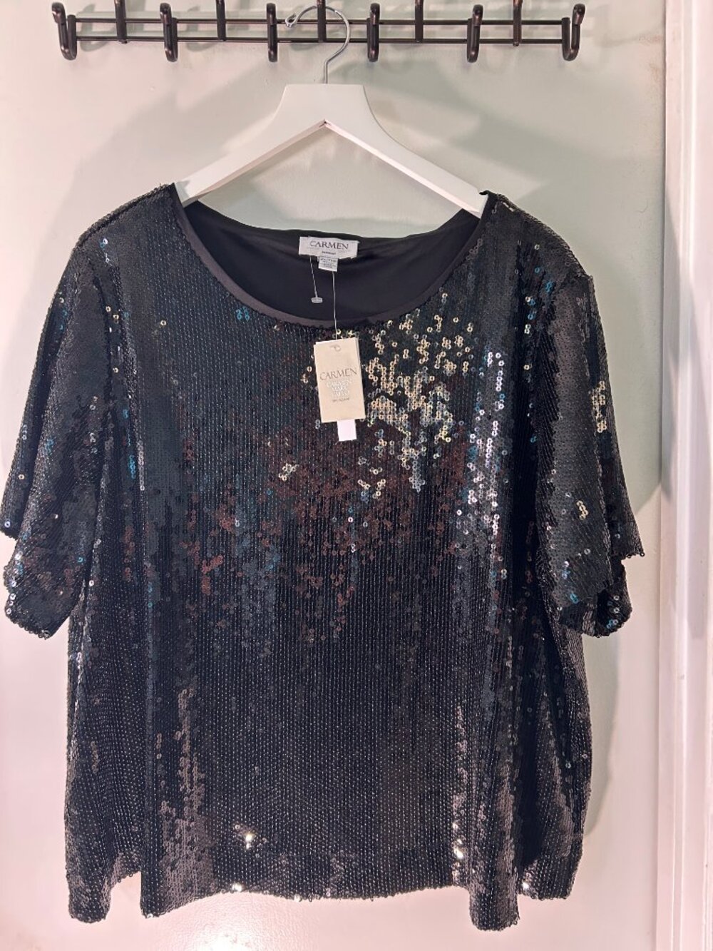 NWT Carmen Marc Valvo Woman 2X Black Sequin Top Plus Size Party Blouse - Picture 3 of 12